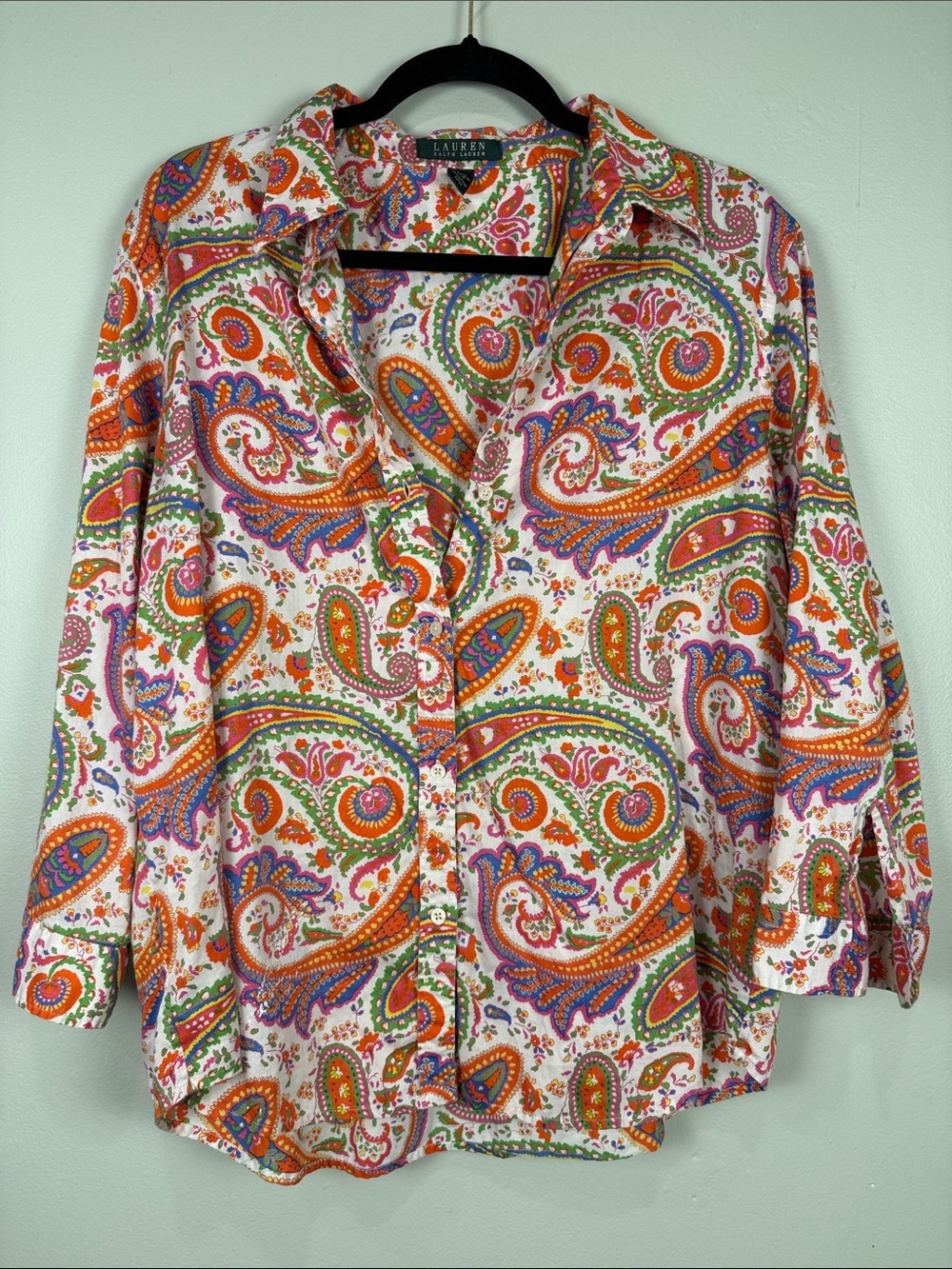 Lauren Ralph Lauren Stunning Vibrant MultiColor Paisley Button Down Shirt XL EUC